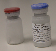 A vial of lipid GL67A prior to rehydration (left) and a vial of the plasmid pGM169 (right).